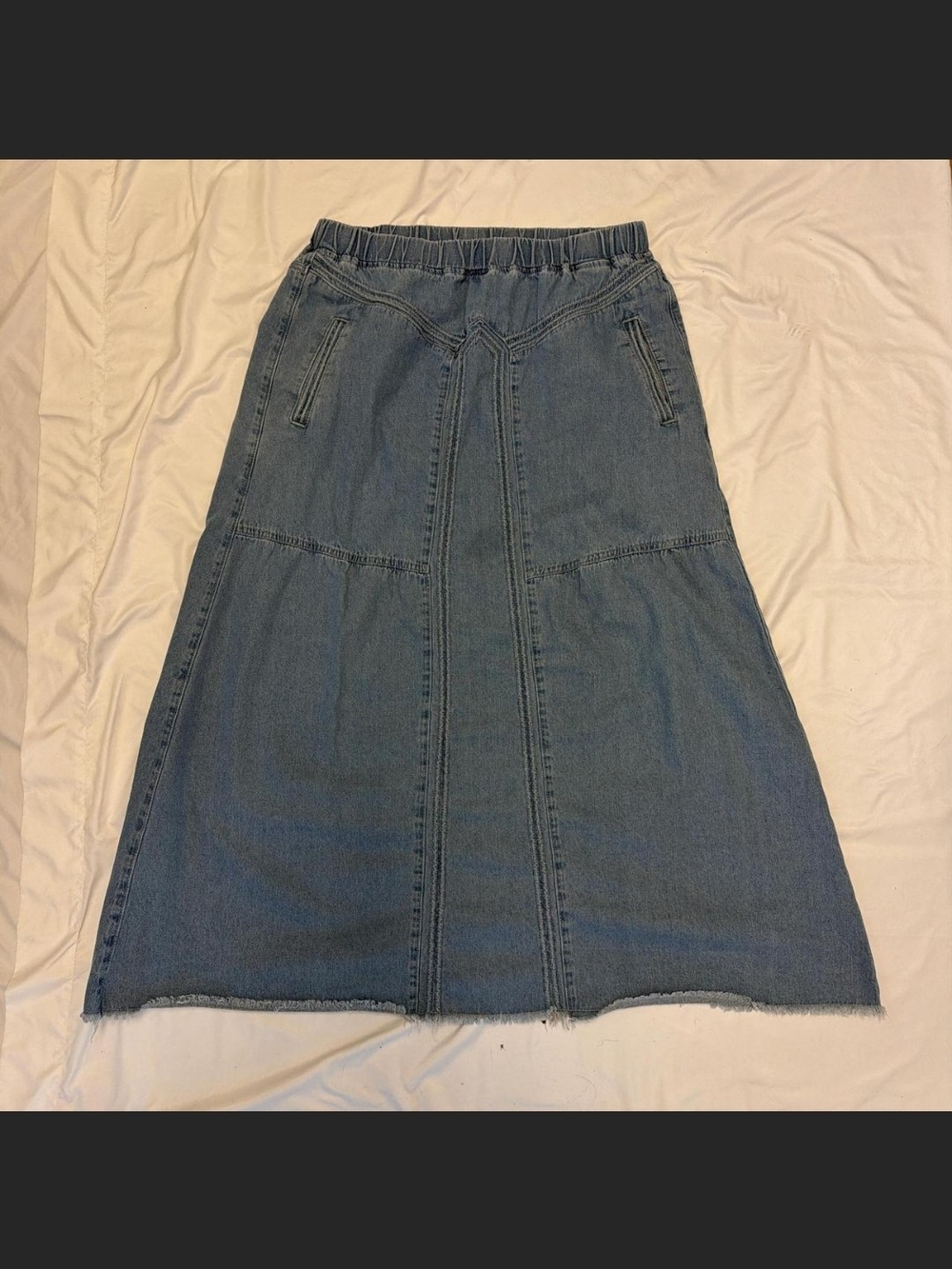 Casual Light Blue Denim A-Line Midi Skirt with Elastic Waist